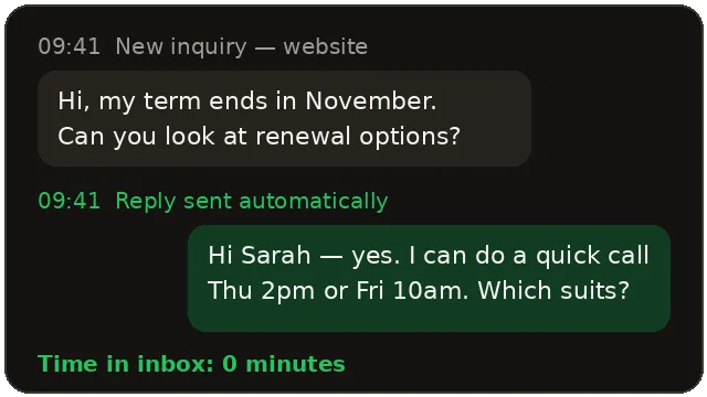 Lead reply card: new enquiry answered within minutes with a booking link