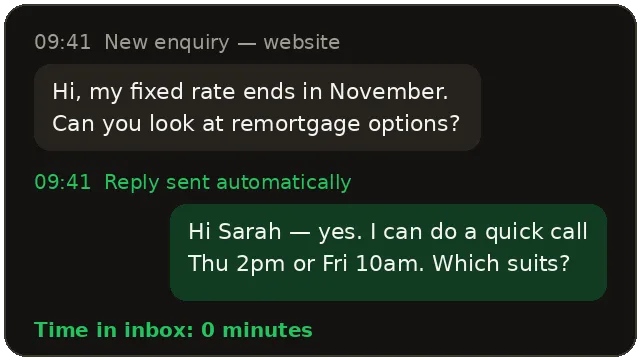 Lead reply card: new enquiry answered within minutes with a booking link