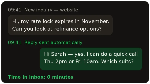 Lead reply card: new enquiry answered within minutes with a booking link